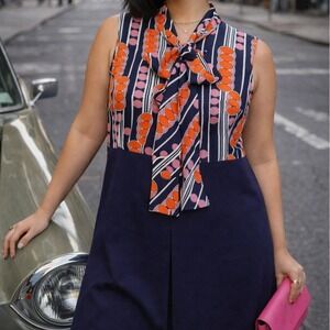 VTG Ciro Creation Mod Geometric Tie Neck Sleeveless Shift Dress Navy Orange M